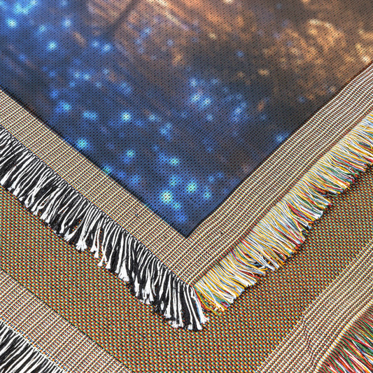 Glowing Peacock in Bioluminescent Forest with Shimmering Plants and Ethereal Blue Light Woven Throw Blanket - Awakening Righteousness