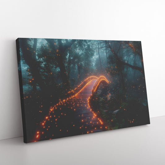 Glowing Rainbow Bridge Across Mystical Forest Vibrant Trees Sparkling Light Mist Golden Glow Canvas Wall Art - Awakening Righteousness