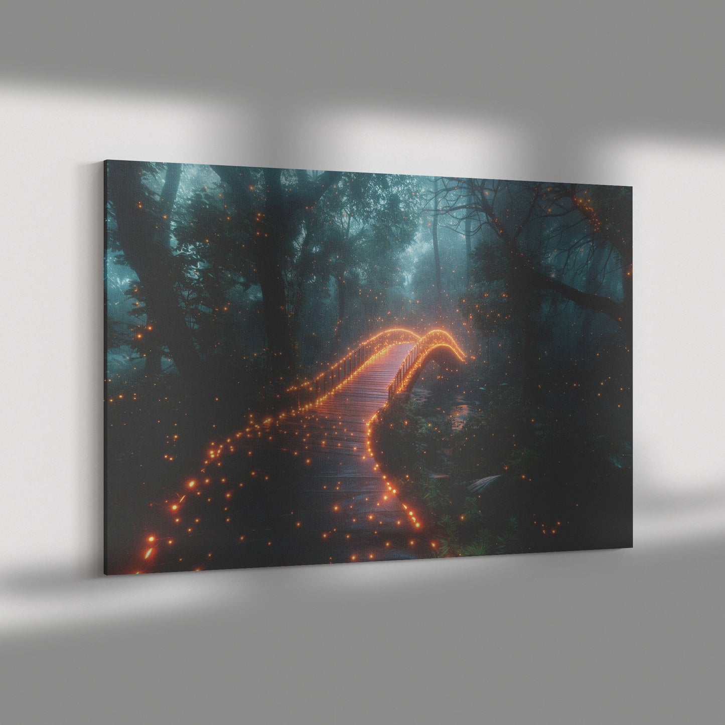Glowing Rainbow Bridge Across Mystical Forest Vibrant Trees Sparkling Light Mist Golden Glow Canvas Wall Art - Awakening Righteousness
