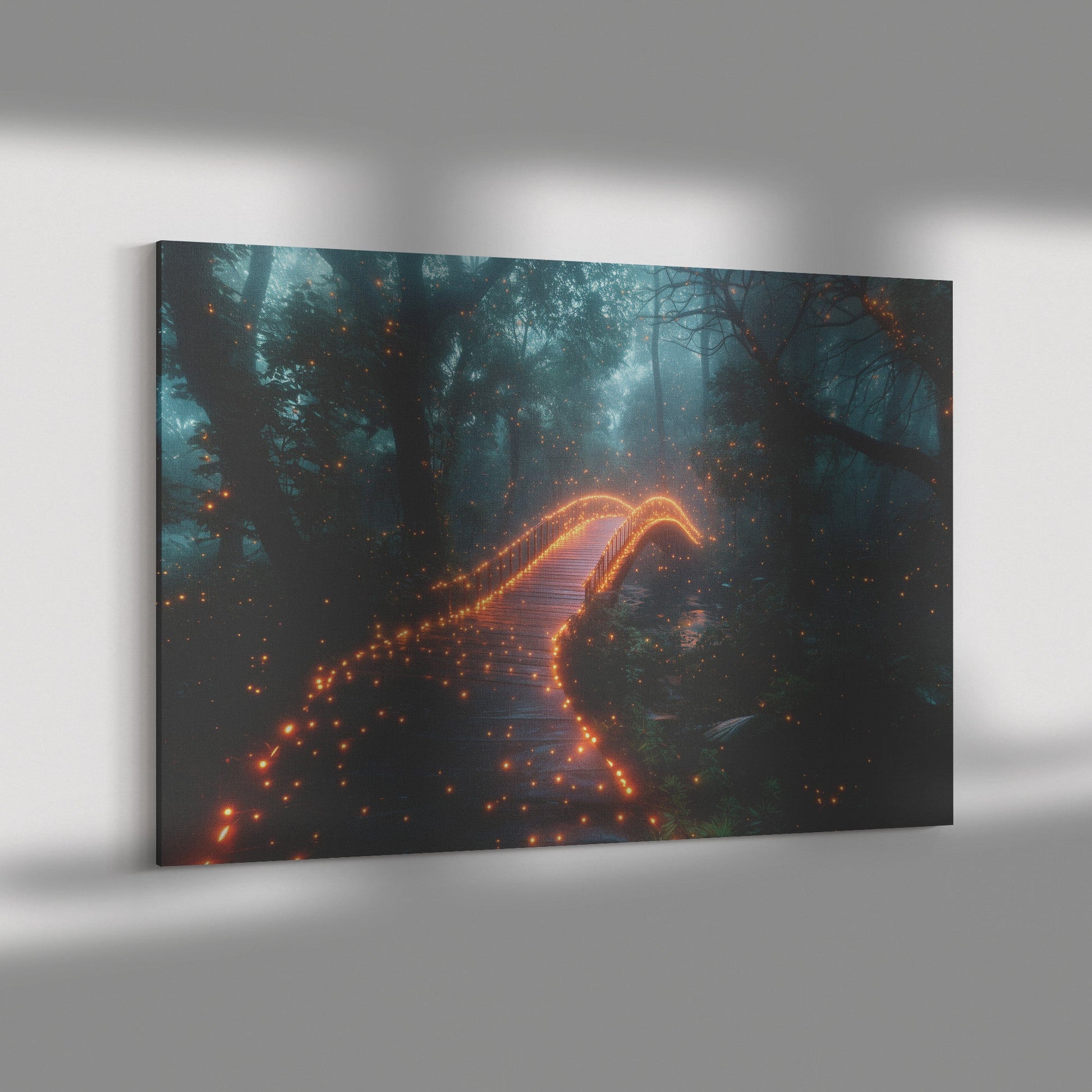 Glowing Rainbow Bridge Across Mystical Forest Vibrant Trees Sparkling Light Mist Golden Glow Canvas Wall Art - Awakening Righteousness