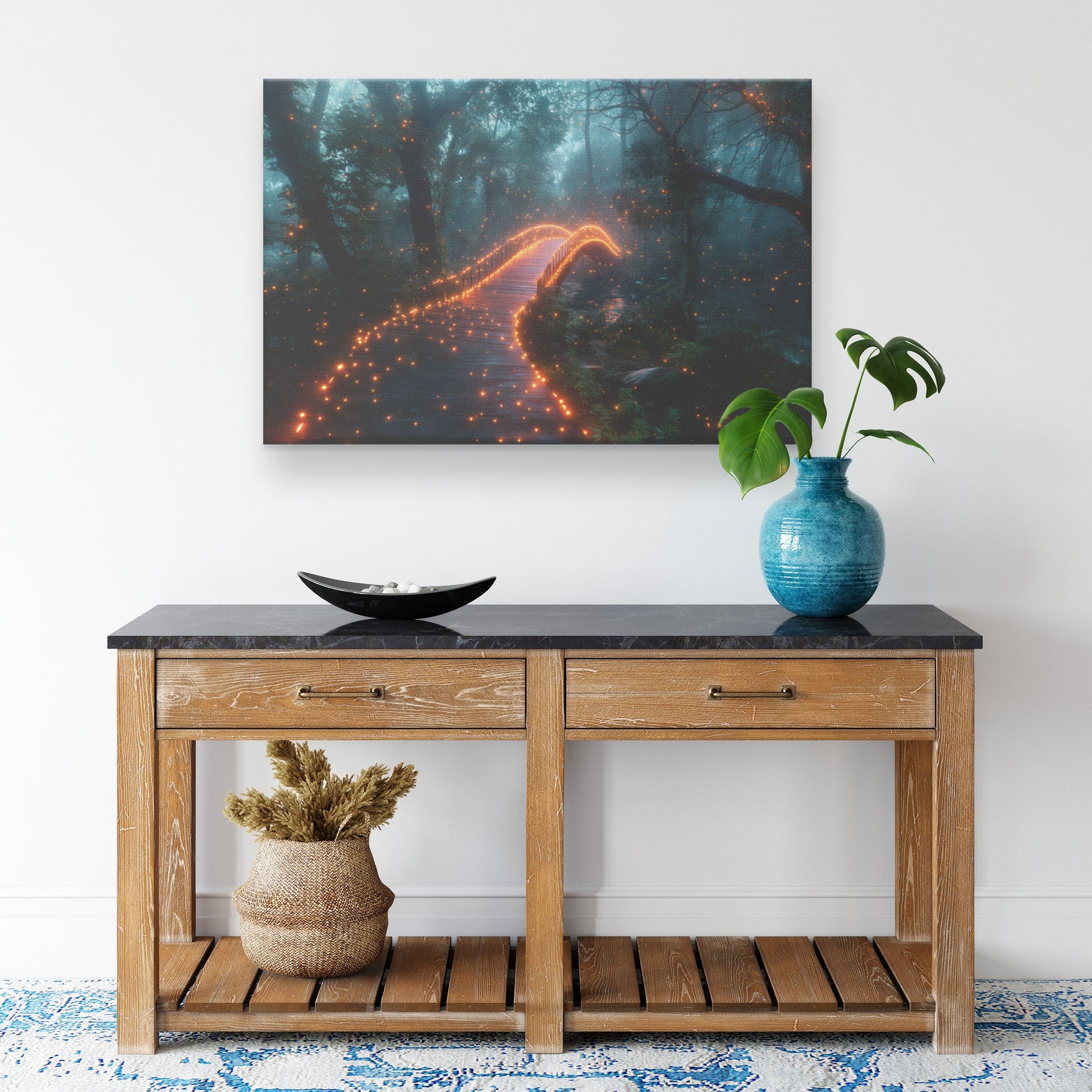 Glowing Rainbow Bridge Across Mystical Forest Vibrant Trees Sparkling Light Mist Golden Glow Canvas Wall Art - Awakening Righteousness