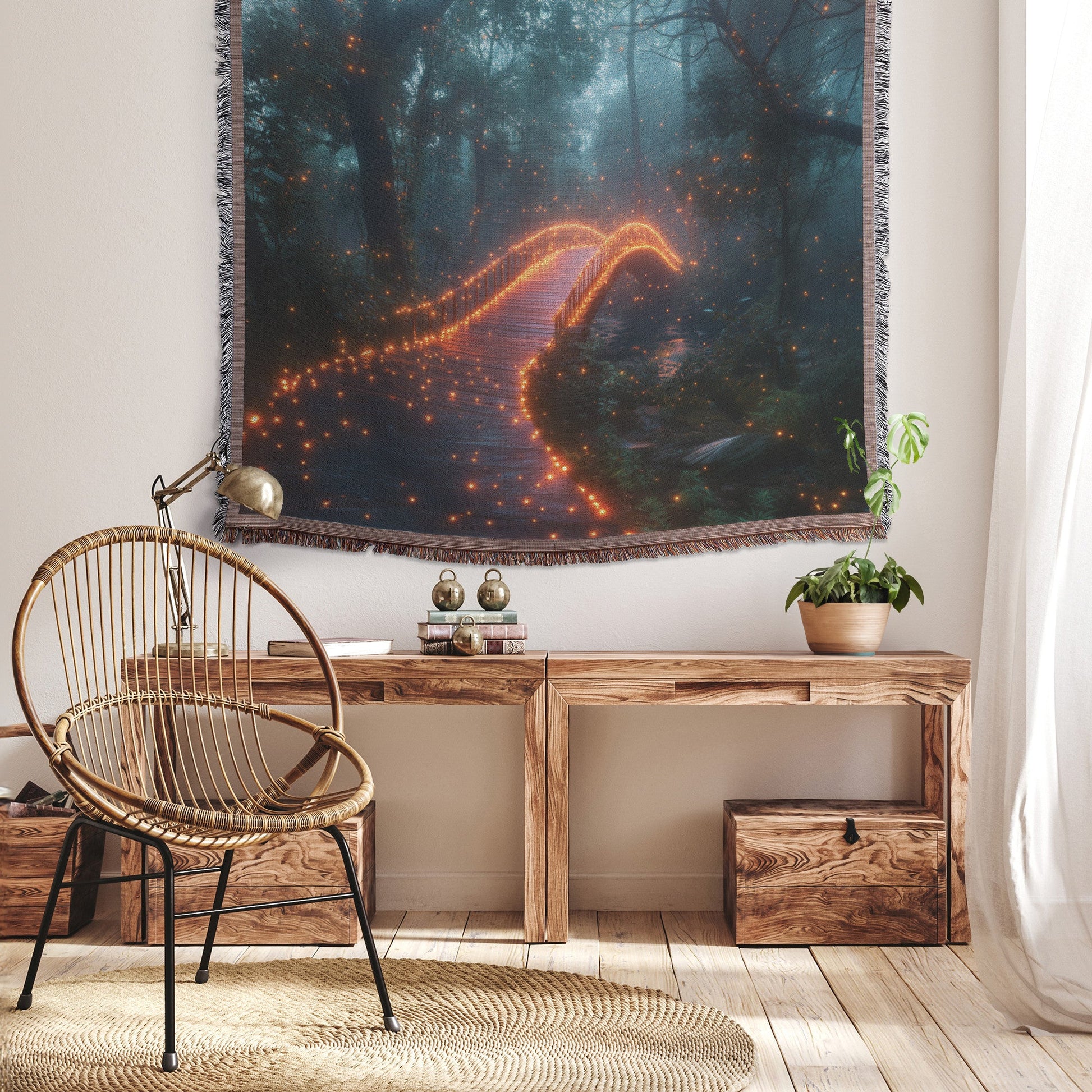 Glowing Rainbow Bridge Arching Across Mystical Forest with Vibrant Trees Sparkling Light Mist Golden Glow Woven Throw Blanket - Awakening Righteousness