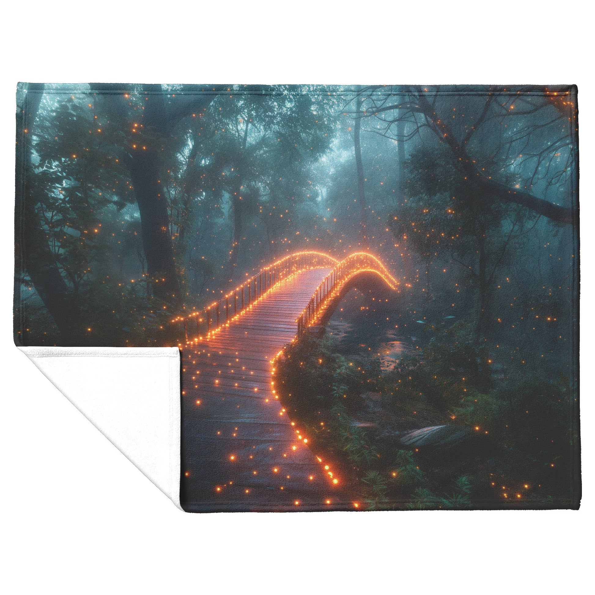 Glowing Rainbow Bridge Over Mystical Forest Vibrant Trees Sparkling Light Mist Enchanted Golden Light Fleece Sherpa Blanket - Awakening Righteousness
