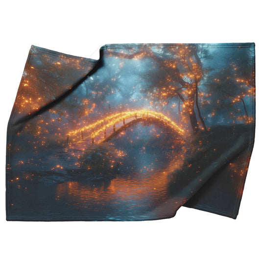 Glowing Rainbow Bridge Over Mystical Forest Vibrant Trees Sparkling Light Mist Enchanted Golden Light Fleece Sherpa Blanket - Awakening Righteousness