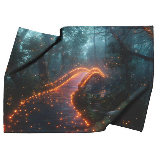 Glowing Rainbow Bridge Over Mystical Forest Vibrant Trees Sparkling Light Mist Enchanted Golden Light Fleece Sherpa Blanket - Awakening Righteousness