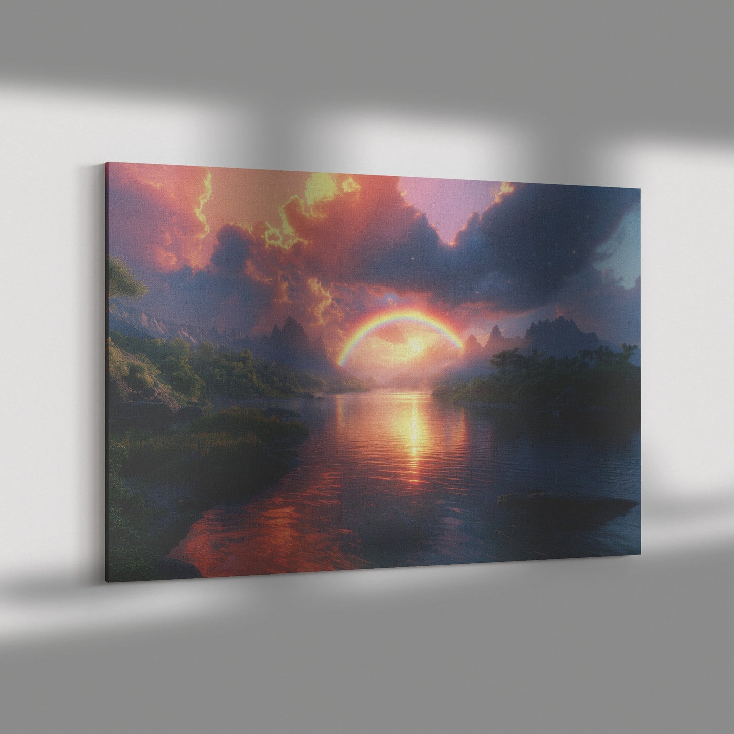 Glowing Rainbow Over Peaceful River Valley Lush Green Hills Sparkling Reflections Mist Radiant Light Canvas Wall Art - Awakening Righteousness