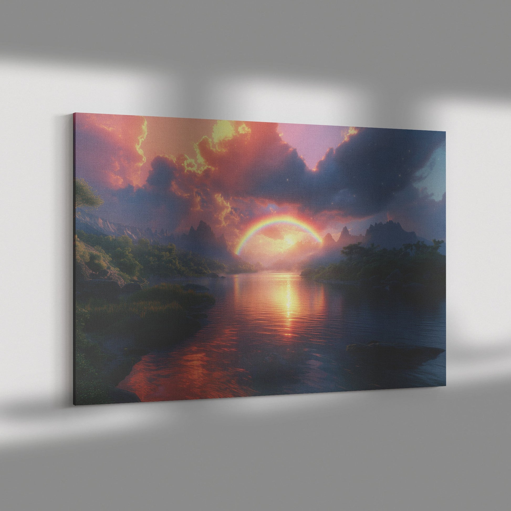 Glowing Rainbow Over Peaceful River Valley Lush Green Hills Sparkling Reflections Mist Radiant Light Canvas Wall Art - Awakening Righteousness