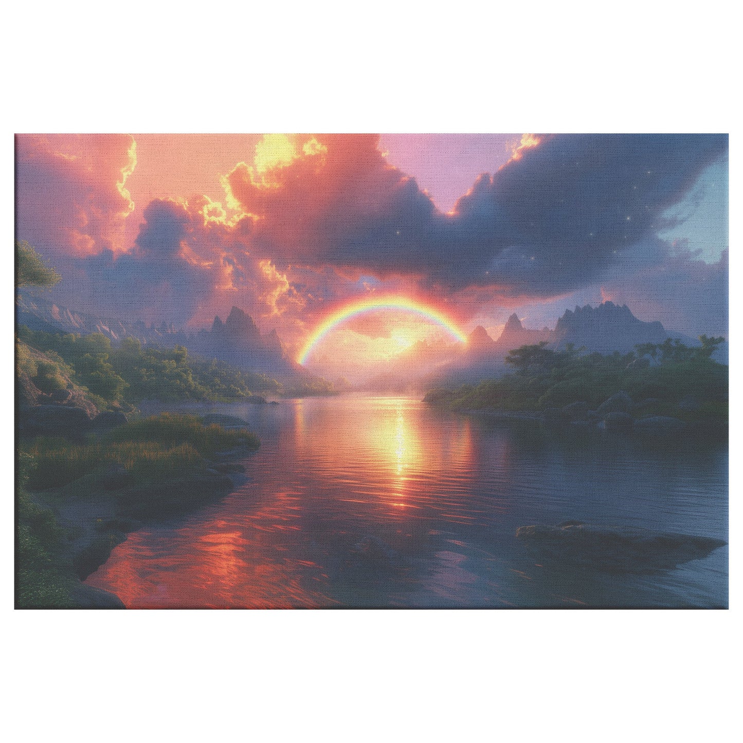 Glowing Rainbow Over Peaceful River Valley Lush Green Hills Sparkling Reflections Mist Radiant Light Canvas Wall Art - Awakening Righteousness