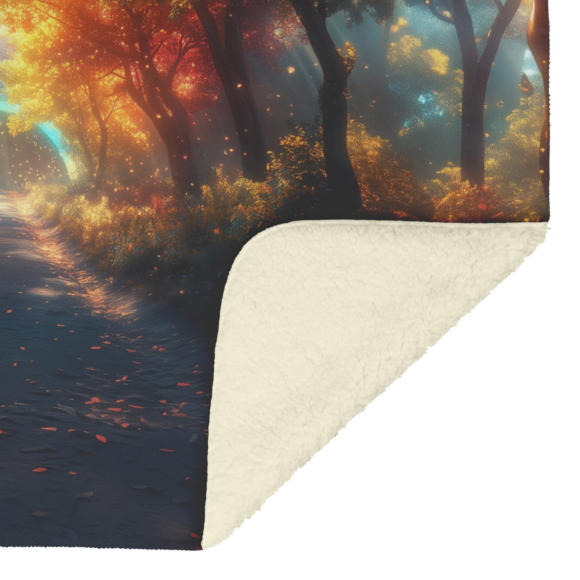 Glowing Rainbow Path in Mystical Forest Vibrant Trees Sparkling Light Mist Enchanted Golden Light Fleece Sherpa Blanket - Awakening Righteousness