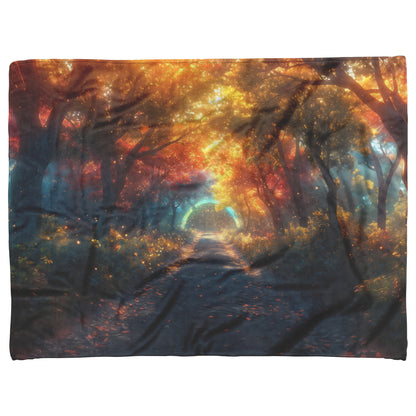 Glowing Rainbow Path in Mystical Forest Vibrant Trees Sparkling Light Mist Enchanted Golden Light Fleece Sherpa Blanket - Awakening Righteousness