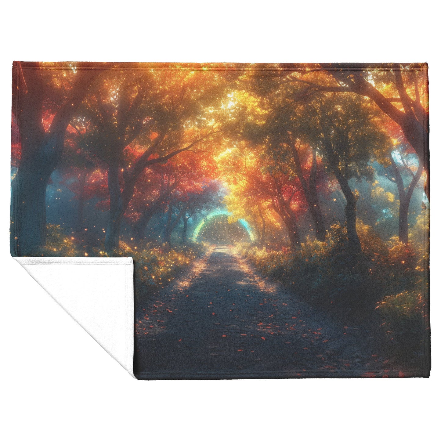 Glowing Rainbow Path in Mystical Forest Vibrant Trees Sparkling Light Mist Enchanted Golden Light Fleece Sherpa Blanket - Awakening Righteousness