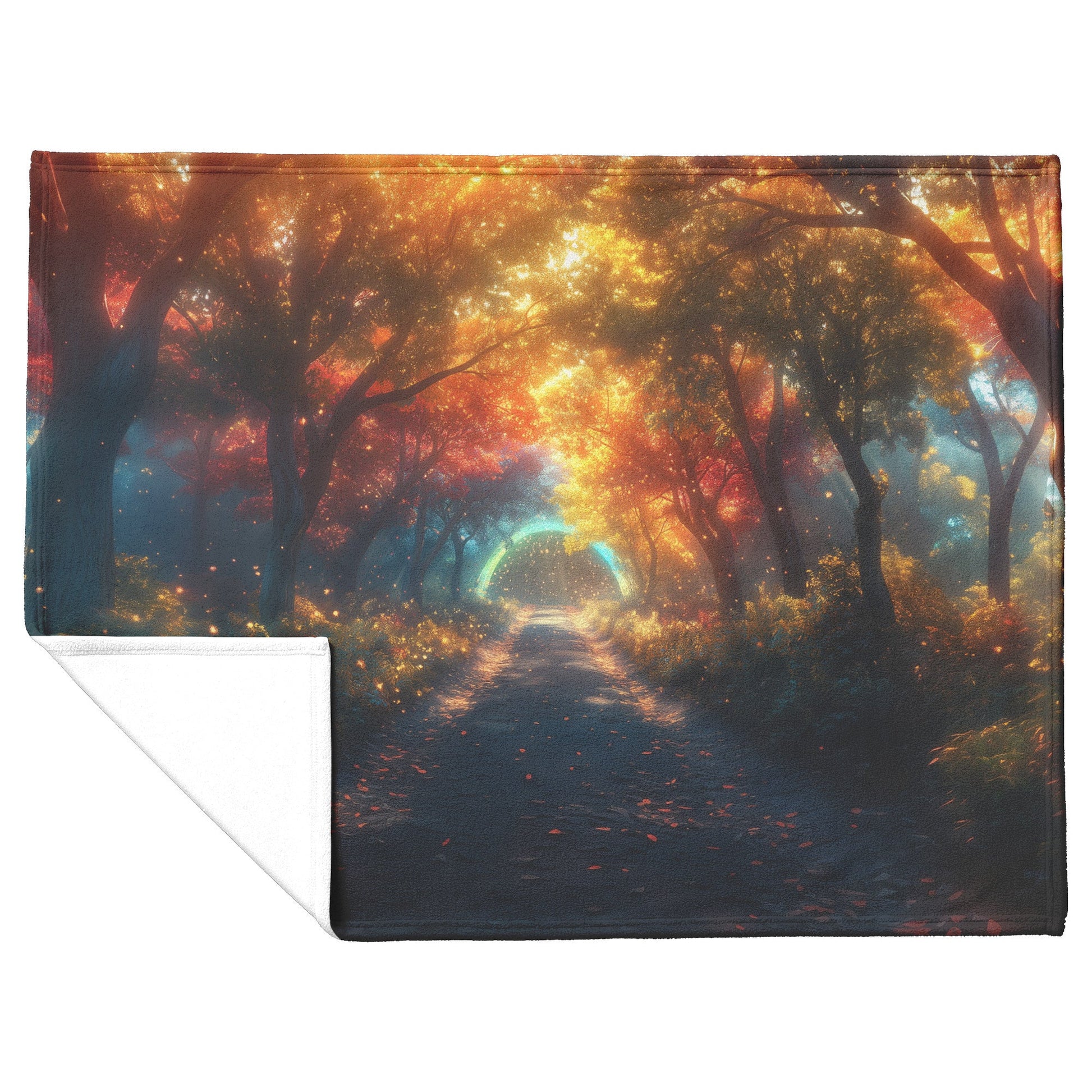 Glowing Rainbow Path in Mystical Forest Vibrant Trees Sparkling Light Mist Enchanted Golden Light Fleece Sherpa Blanket - Awakening Righteousness