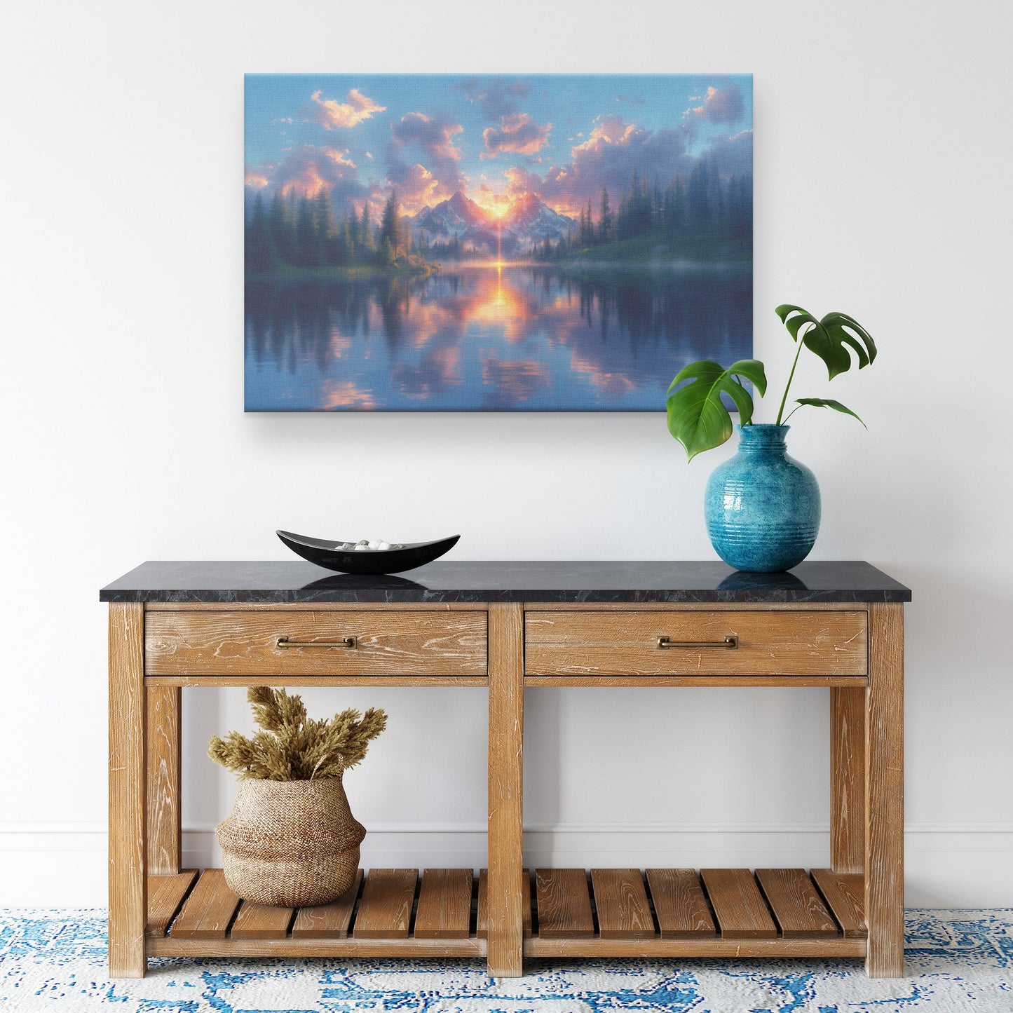 Glowing Rainbow Reflected in Mountain Lake Snowy Peaks Misty Clouds Golden Light Scenic Canvas Wall Art Decor - Awakening Righteousness