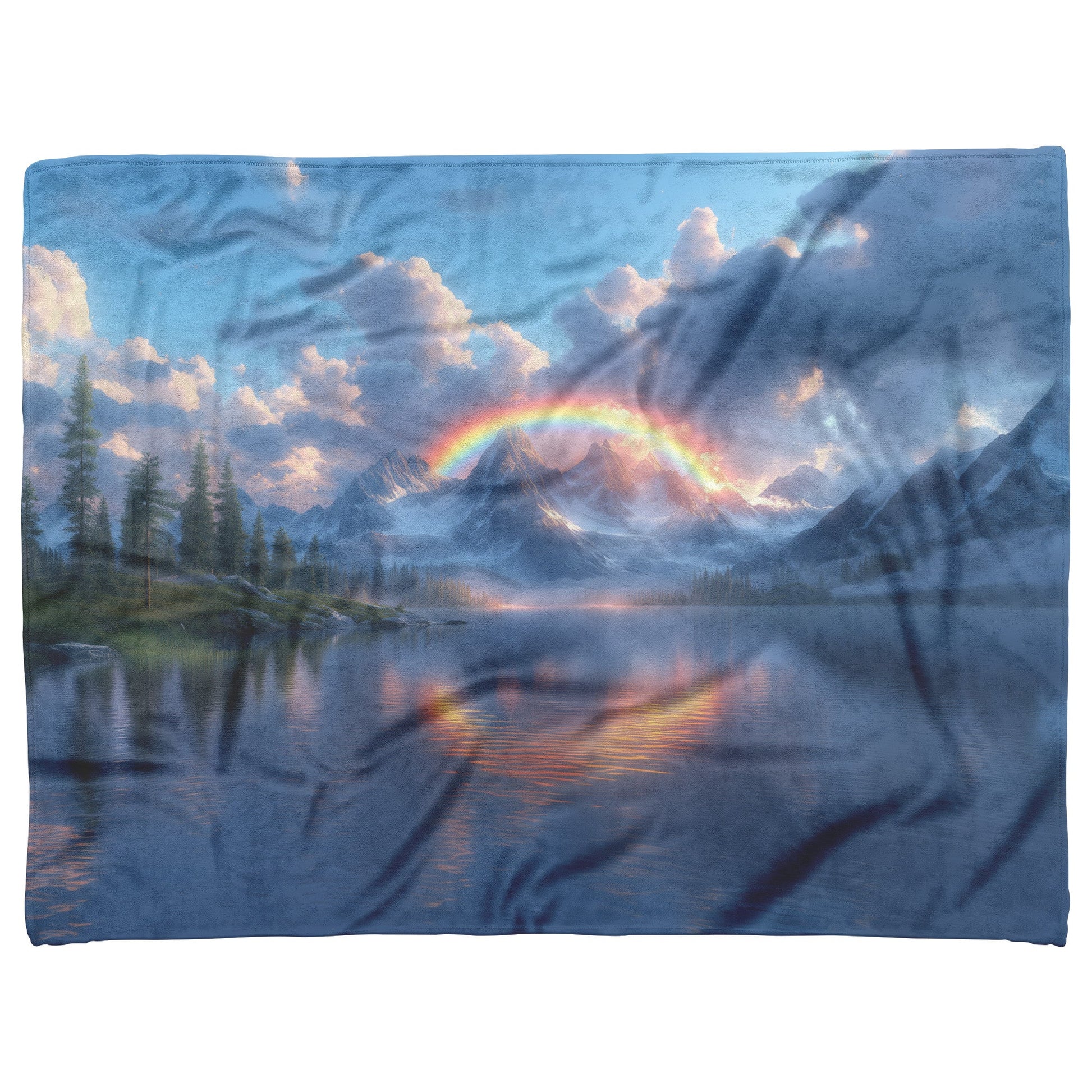Glowing Rainbow Reflected in Serene Mountain Lake Snowy Peaks Misty Clouds Golden Light Fleece Sherpa Blanket - Awakening Righteousness
