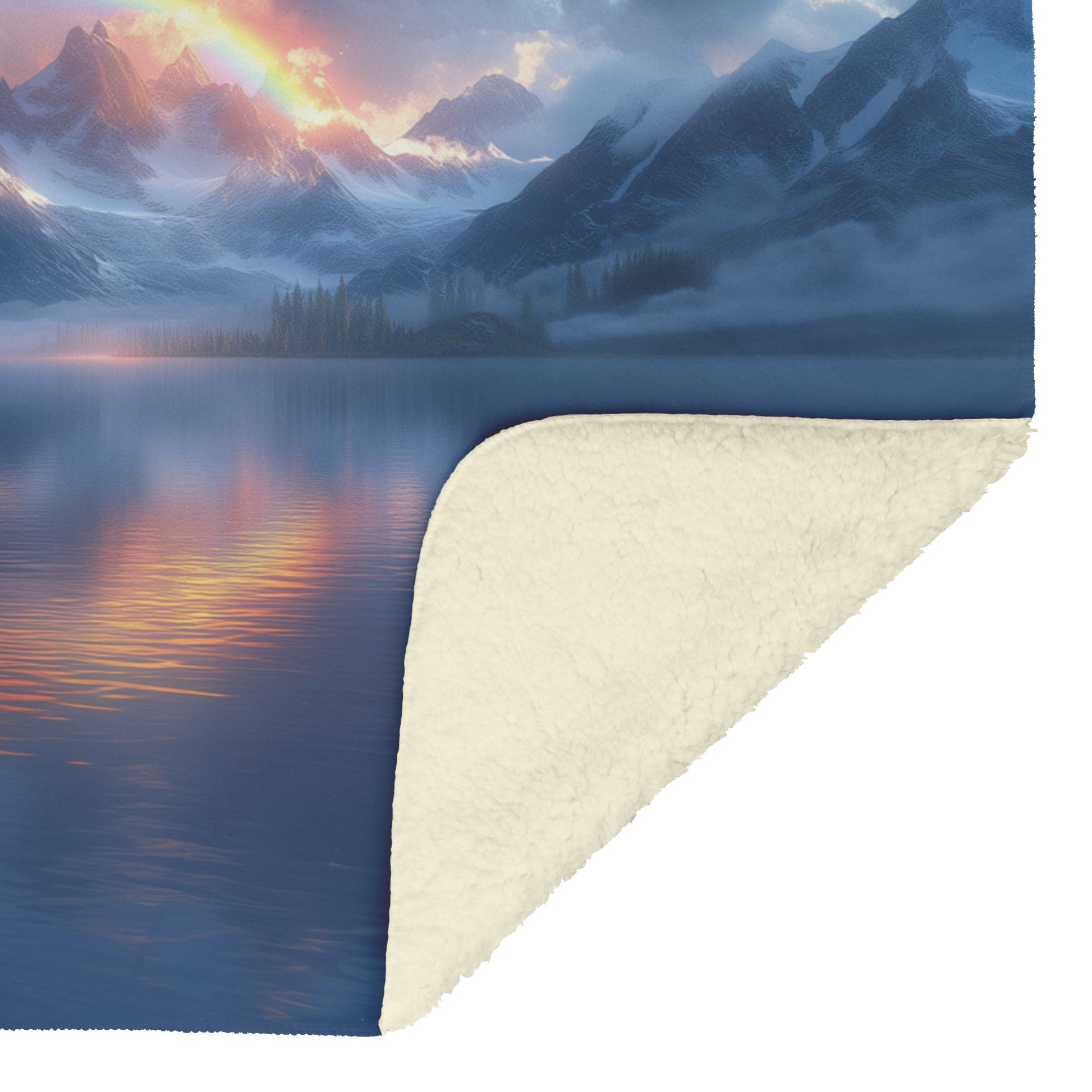 Glowing Rainbow Reflected in Serene Mountain Lake Snowy Peaks Misty Clouds Golden Light Fleece Sherpa Blanket - Awakening Righteousness