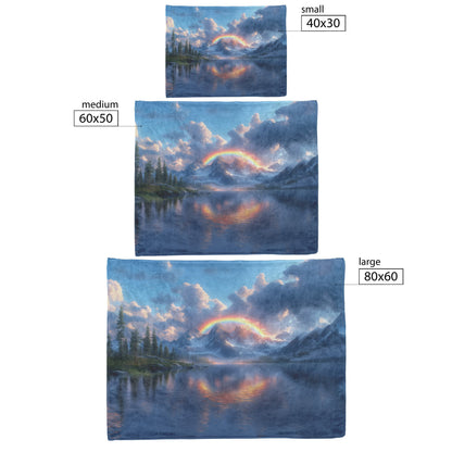 Glowing Rainbow Reflected in Serene Mountain Lake Snowy Peaks Misty Clouds Golden Light Fleece Sherpa Blanket - Awakening Righteousness