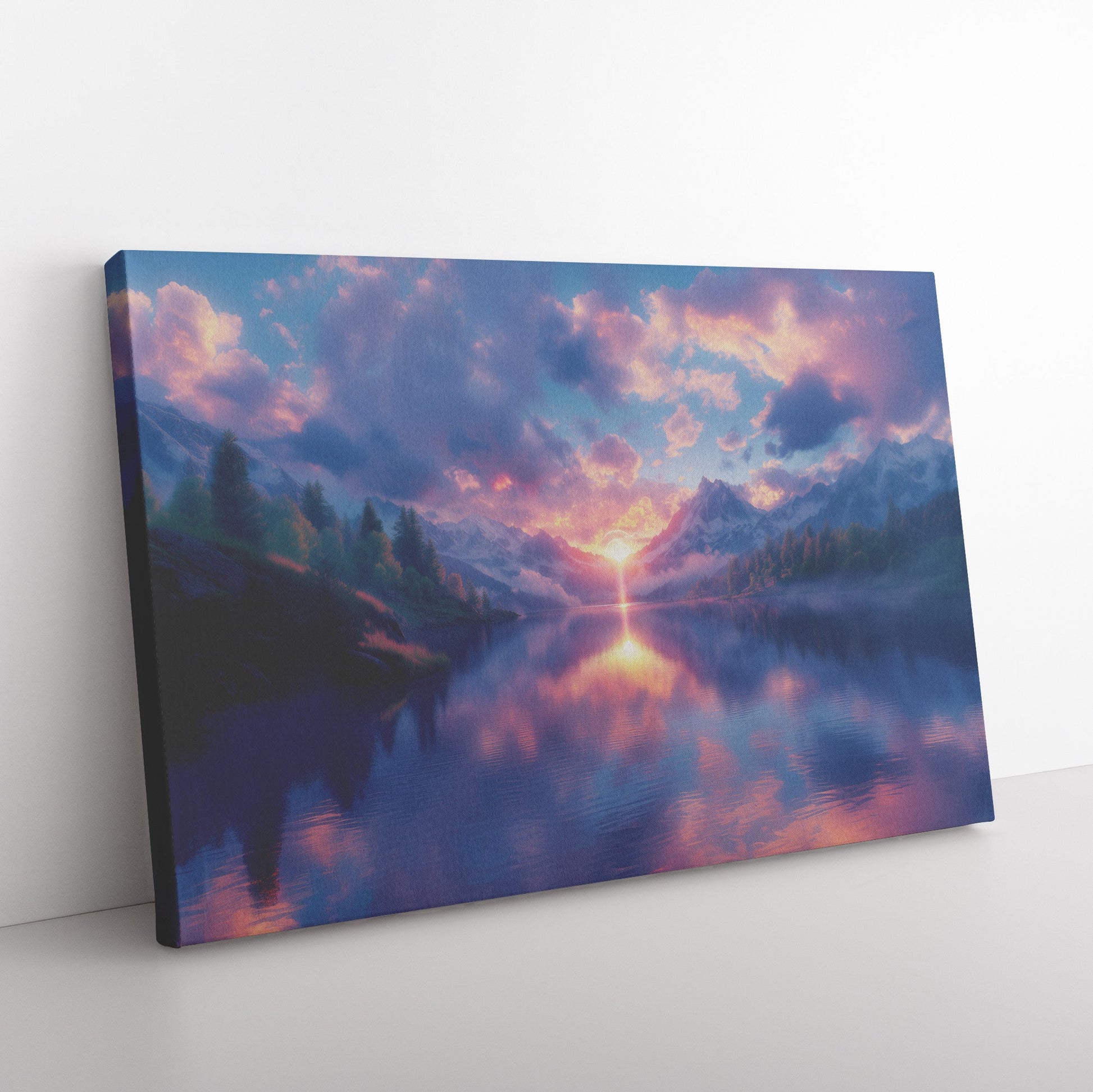 Glowing Rainbow Reflecting in Serene Mountain Lake Snowy Peaks Misty Clouds Golden Light Canvas Wall Art - Awakening Righteousness