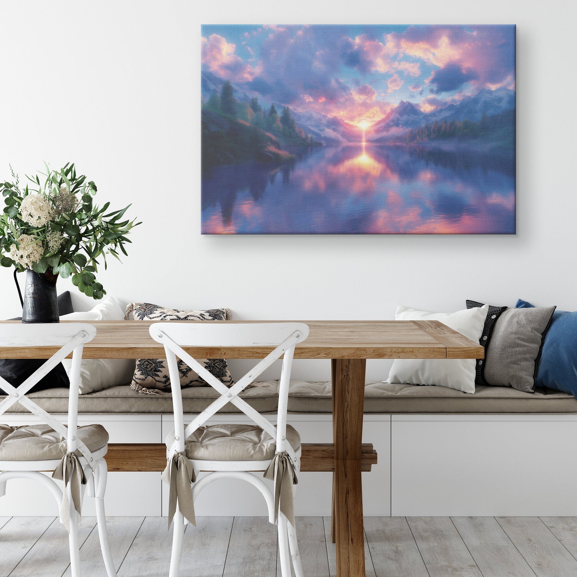Glowing Rainbow Reflecting in Serene Mountain Lake Snowy Peaks Misty Clouds Golden Light Canvas Wall Art - Awakening Righteousness
