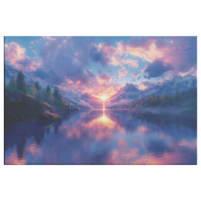 Glowing Rainbow Reflecting in Serene Mountain Lake Snowy Peaks Misty Clouds Golden Light Canvas Wall Art - Awakening Righteousness