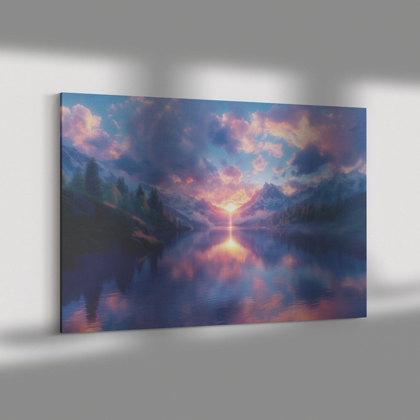 Glowing Rainbow Reflecting in Serene Mountain Lake Snowy Peaks Misty Clouds Golden Light Canvas Wall Art - Awakening Righteousness