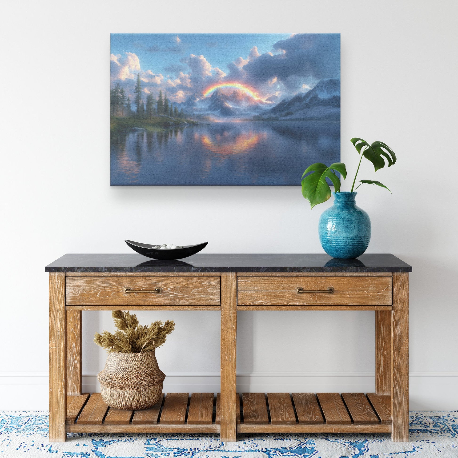 Glowing Rainbow Reflection Mountain Lake Snowy Peaks Misty Clouds Golden Light Serene Canvas Wall Art Decor - Awakening Righteousness