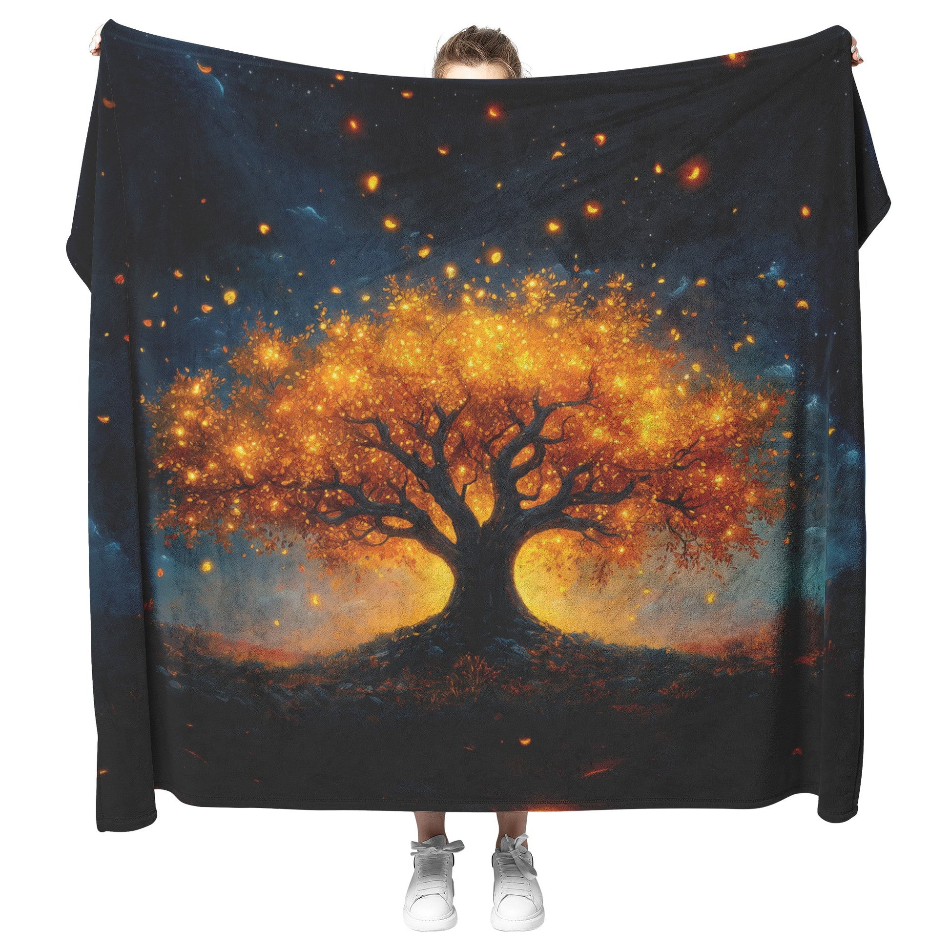 Glowing Tree of Life Under Night Sky Inspired Fleece Sherpa Blanket Luminous Design for Christian Home and Comfort - Awakening Righteousness