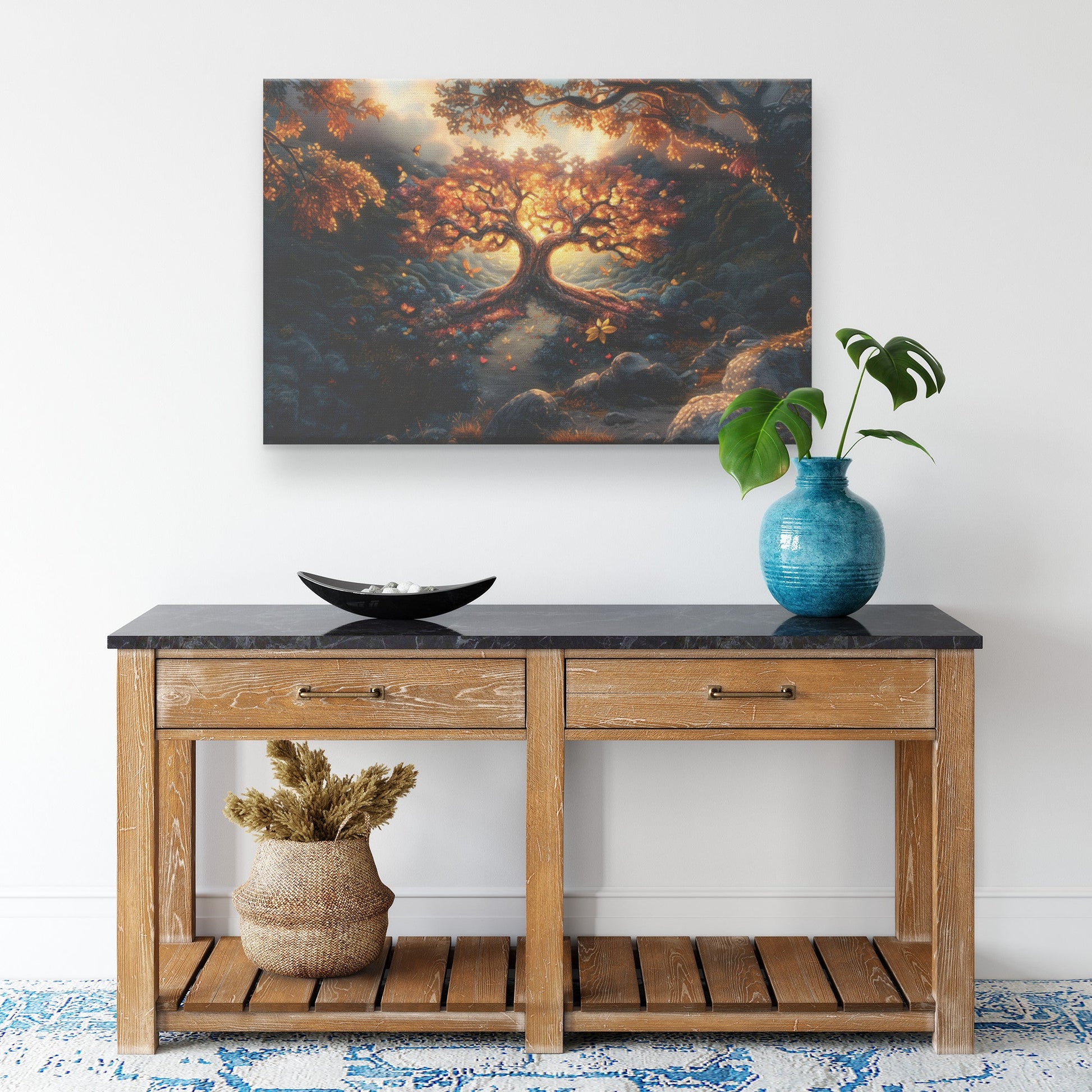 Glowing Tree of Life with Autumn Leaves and Butterflies Canvas Wall Art Decor for Home Office or Inspirational Spaces - Awakening Righteousness