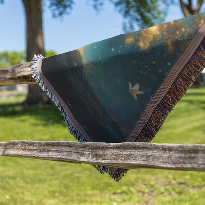 Glowing Tree of Life with Flying Doves and Starry Sky Woven Throw Blanket for Home Decor - Awakening Righteousness