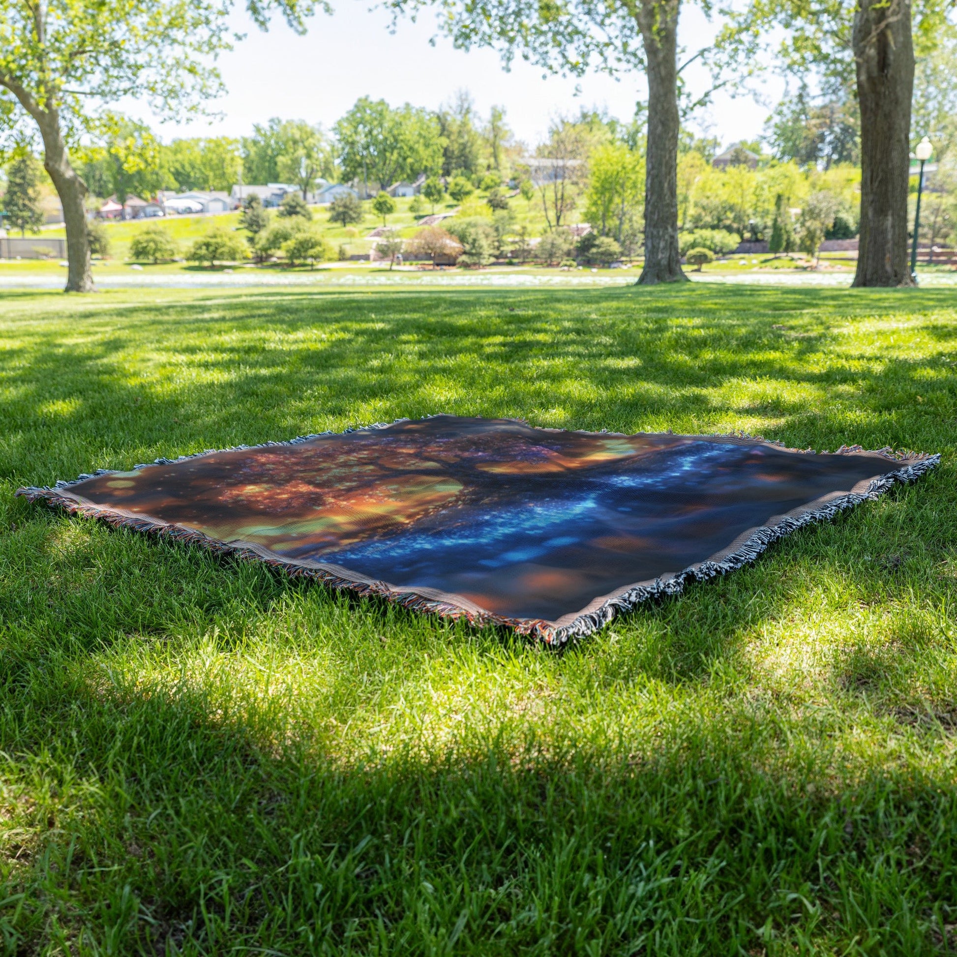 Glowing Tree of Life with Orange and Blue Lights Woven Throw Blanket for Cozy Home Decor - Awakening Righteousness