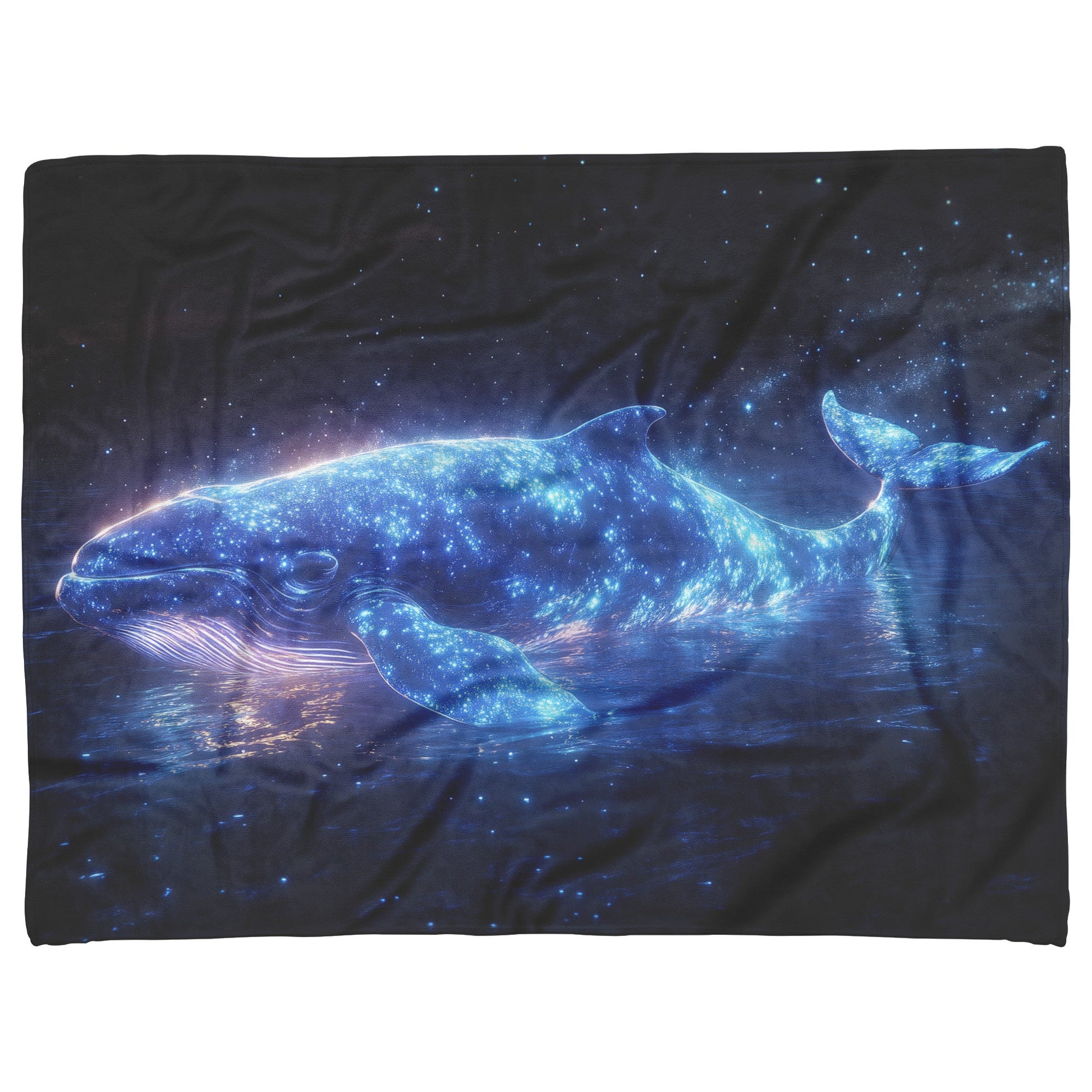 Glowing Whale Swimming Through Bioluminescent Ocean Starry Sky Soft Blue White Light Shimmering Fleece Sherpa Blanket - Awakening Righteousness