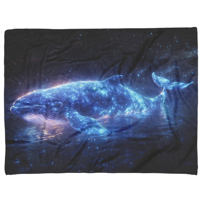 Glowing Whale Swimming Through Bioluminescent Ocean Starry Sky Soft Blue White Light Shimmering Fleece Sherpa Blanket - Awakening Righteousness