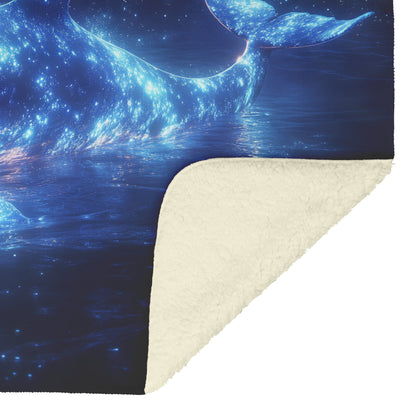 Glowing Whale Swimming Through Bioluminescent Ocean Starry Sky Soft Blue White Light Shimmering Fleece Sherpa Blanket - Awakening Righteousness