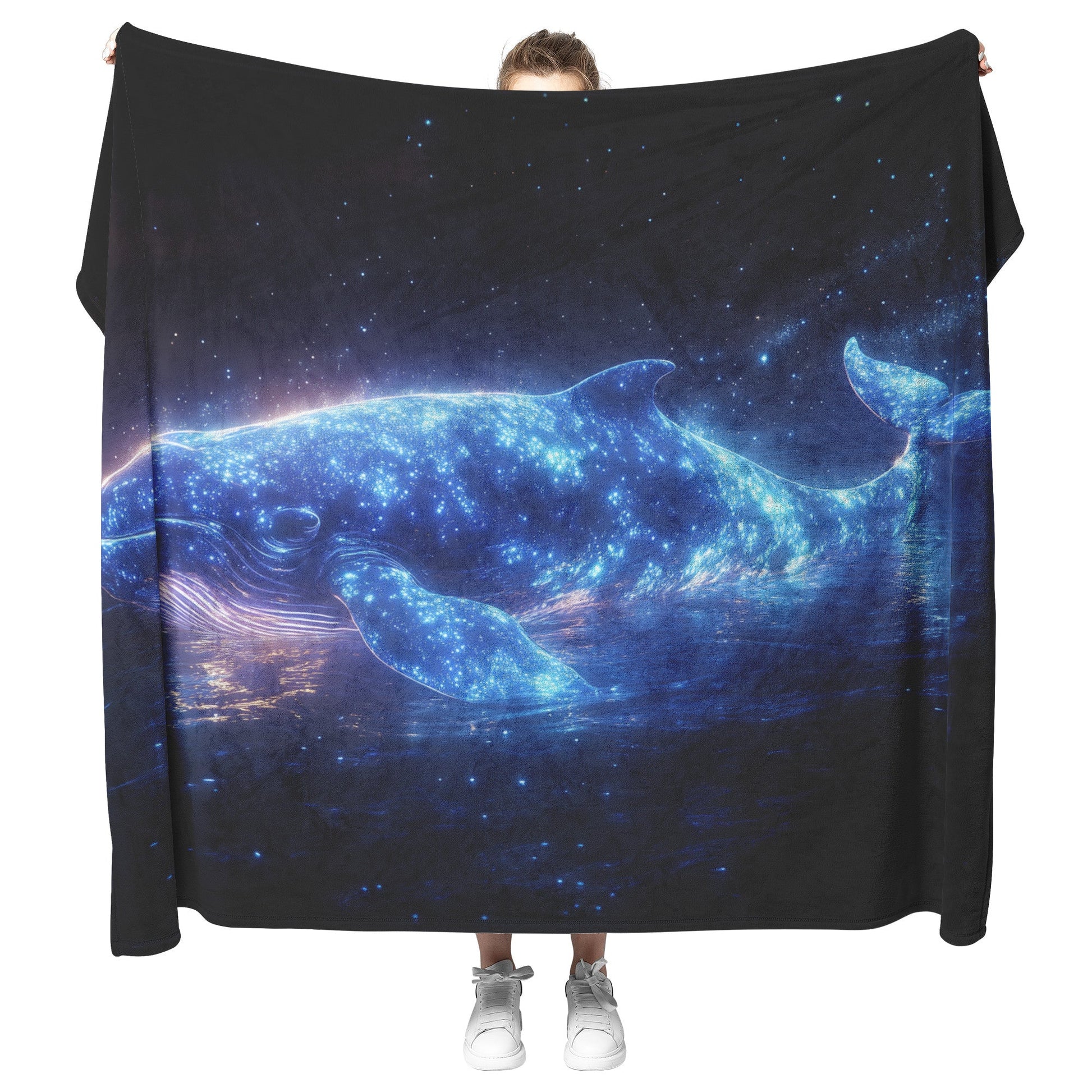 Glowing Whale Swimming Through Bioluminescent Ocean Starry Sky Soft Blue White Light Shimmering Fleece Sherpa Blanket - Awakening Righteousness