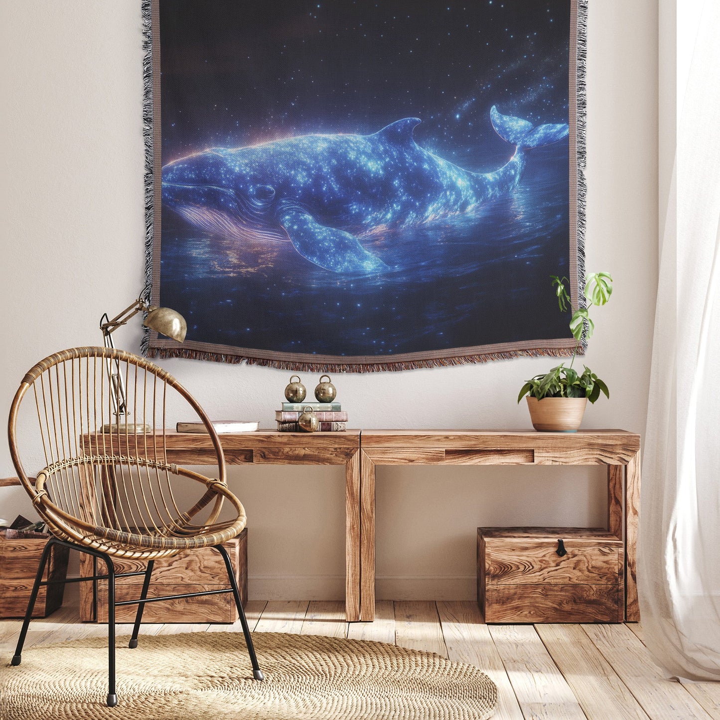 Glowing Whale Swimming Through Bioluminescent Ocean Under Starry Sky Woven Throw Blanket - Awakening Righteousness