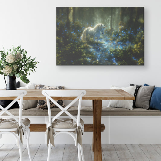 Glowing White Unicorn in Magical Forest Surrounded by Bioluminescent Plants and Ethereal Light Canvas Wall Art Decor - Awakening Righteousness