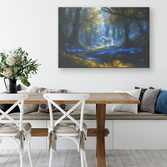 Glowing White Unicorn in Magical Forest Surrounded by Bioluminescent Plants and Ethereal Light Canvas Wall Art Decor - Awakening Righteousness