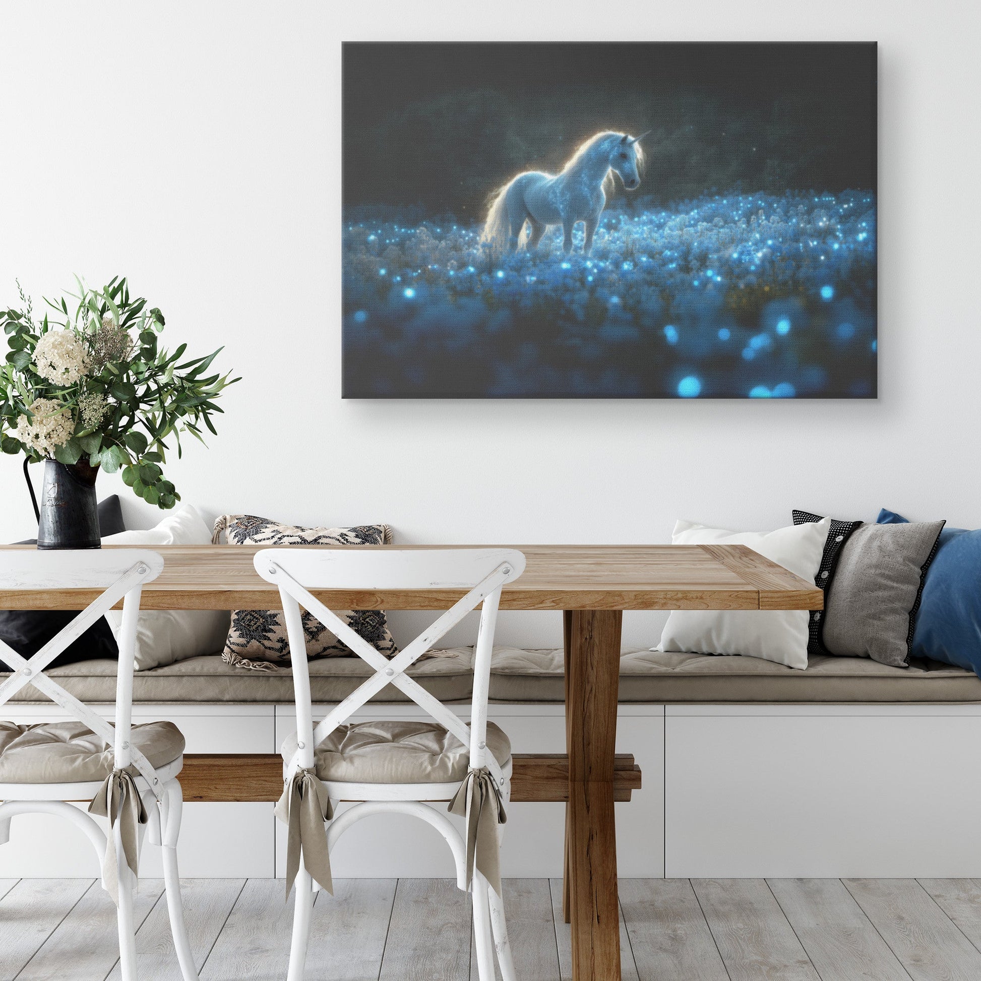 Glowing White Unicorn in Magical Forest Surrounded by Bioluminescent Plants and Ethereal Light Canvas Wall Art Decor - Awakening Righteousness