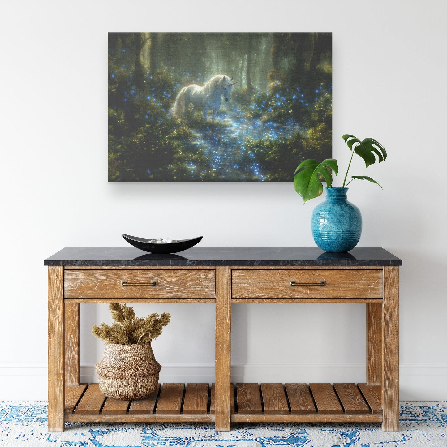 Glowing White Unicorn in Magical Forest Surrounded by Bioluminescent Plants and Ethereal Light Canvas Wall Art Decor - Awakening Righteousness