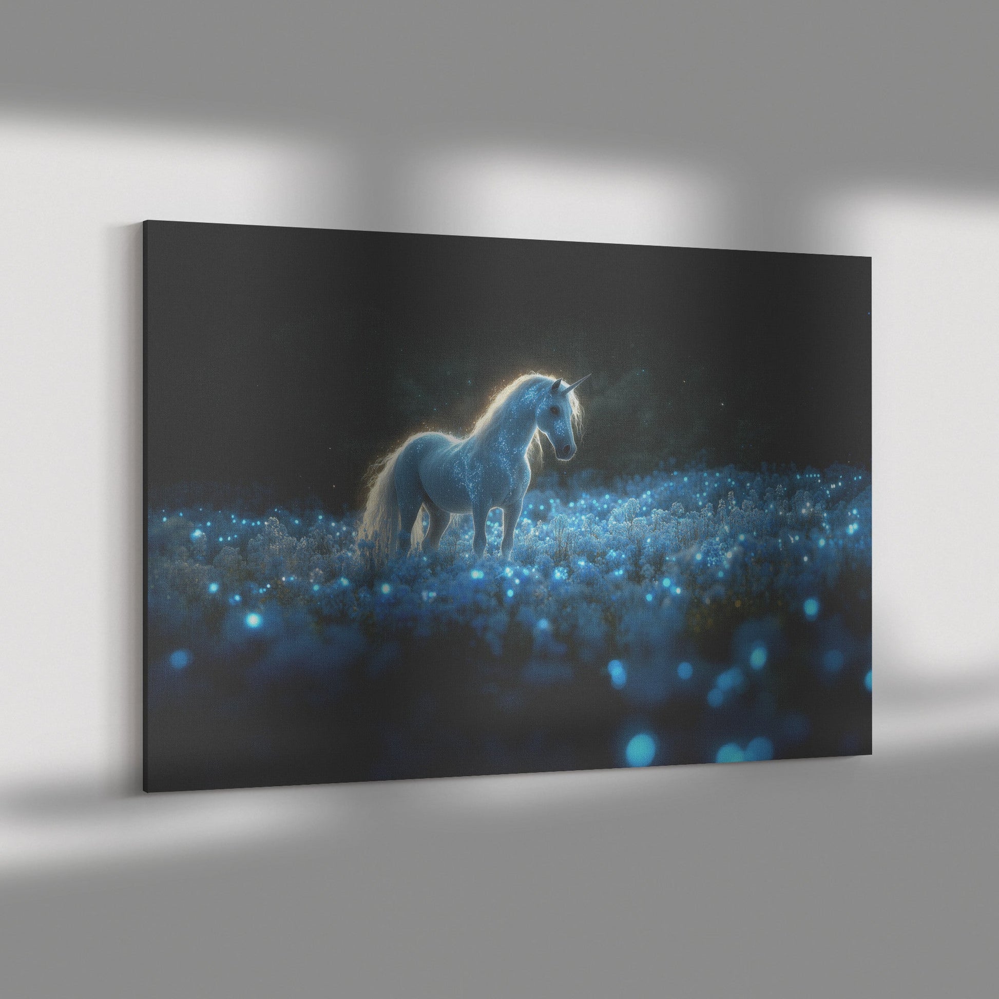 Glowing White Unicorn in Magical Forest Surrounded by Bioluminescent Plants and Ethereal Light Canvas Wall Art Decor - Awakening Righteousness