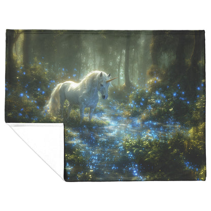 Glowing White Unicorn in Magical Forest Surrounded by Bioluminescent Plants and Ethereal Light Fleece Sherpa Blanket - Awakening Righteousness