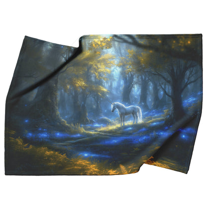 Glowing White Unicorn in Magical Forest Surrounded by Bioluminescent Plants and Ethereal Light Fleece Sherpa Blanket - Awakening Righteousness