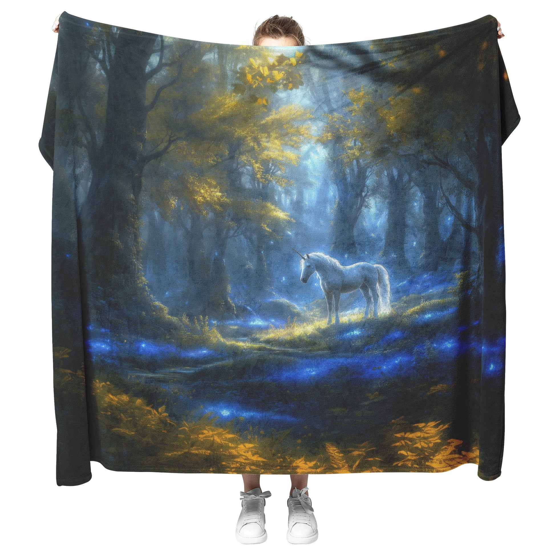Glowing White Unicorn in Magical Forest Surrounded by Bioluminescent Plants and Ethereal Light Fleece Sherpa Blanket - Awakening Righteousness