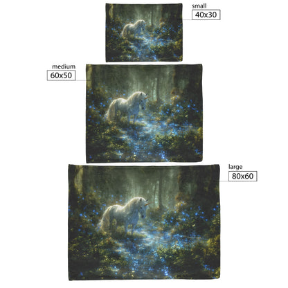 Glowing White Unicorn in Magical Forest Surrounded by Bioluminescent Plants and Ethereal Light Fleece Sherpa Blanket - Awakening Righteousness