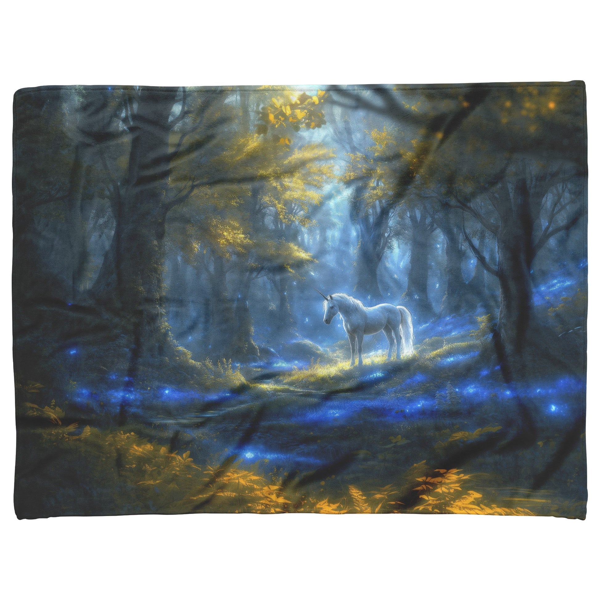 Glowing White Unicorn in Magical Forest Surrounded by Bioluminescent Plants and Ethereal Light Fleece Sherpa Blanket - Awakening Righteousness
