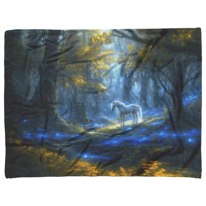 Glowing White Unicorn in Magical Forest Surrounded by Bioluminescent Plants and Ethereal Light Fleece Sherpa Blanket - Awakening Righteousness