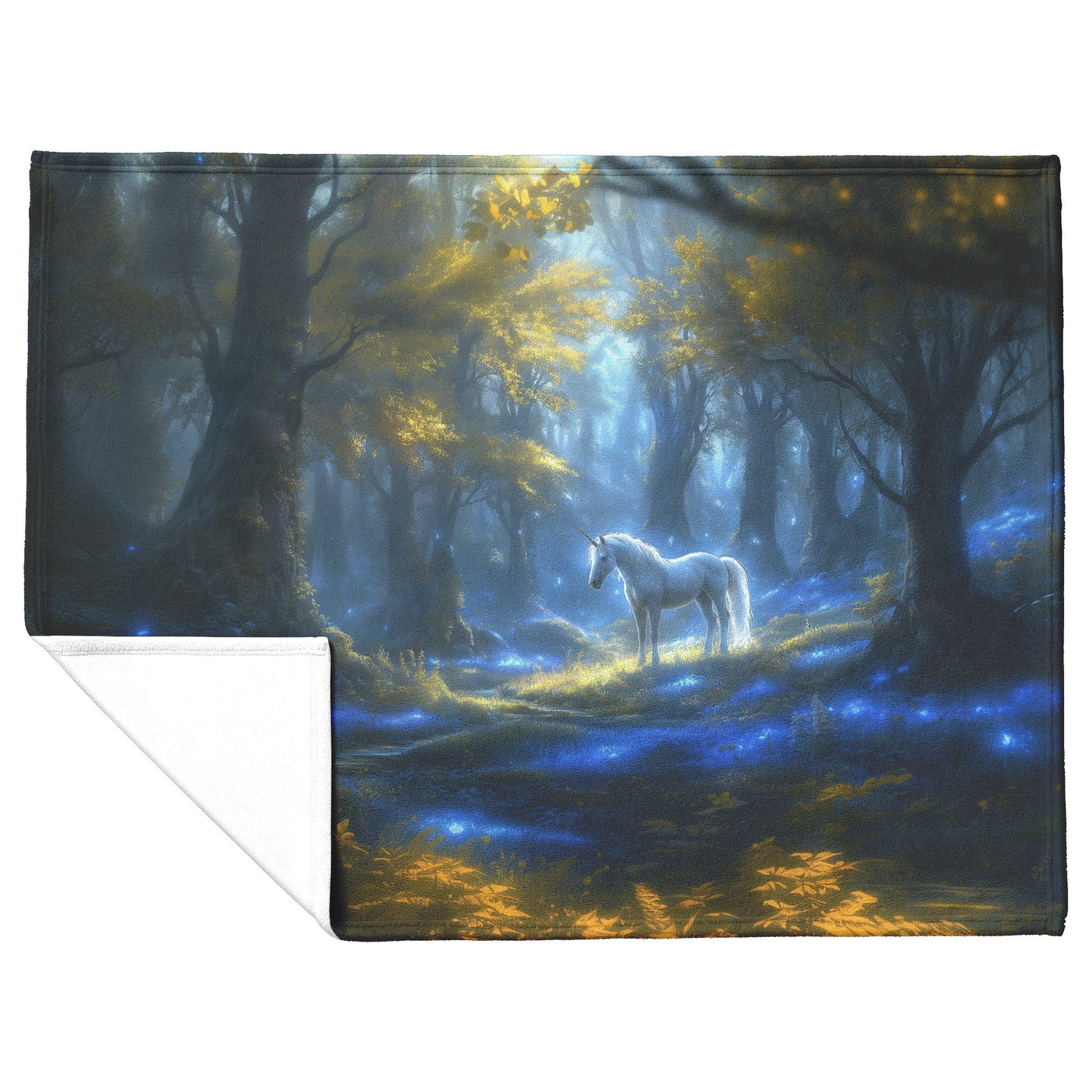 Glowing White Unicorn in Magical Forest Surrounded by Bioluminescent Plants and Ethereal Light Fleece Sherpa Blanket - Awakening Righteousness