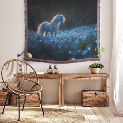 Glowing White Unicorn in Magical Forest Woven Throw Blanket with Bioluminescent Plants and Soft Ethereal Light - Awakening Righteousness