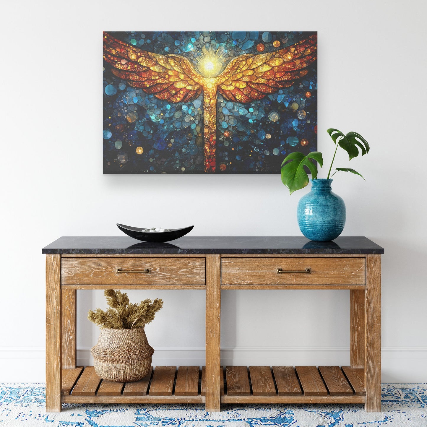 Golden Angel Wings Radiating Light in a Celestial Starry Night Canvas Wall Art Christian Spiritual Home Decor - Awakening Righteousness