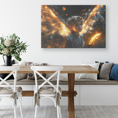Golden Angelic Child with Glowing Wings in Enchanted Light Canvas Wall Art Decor - Awakening Righteousness
