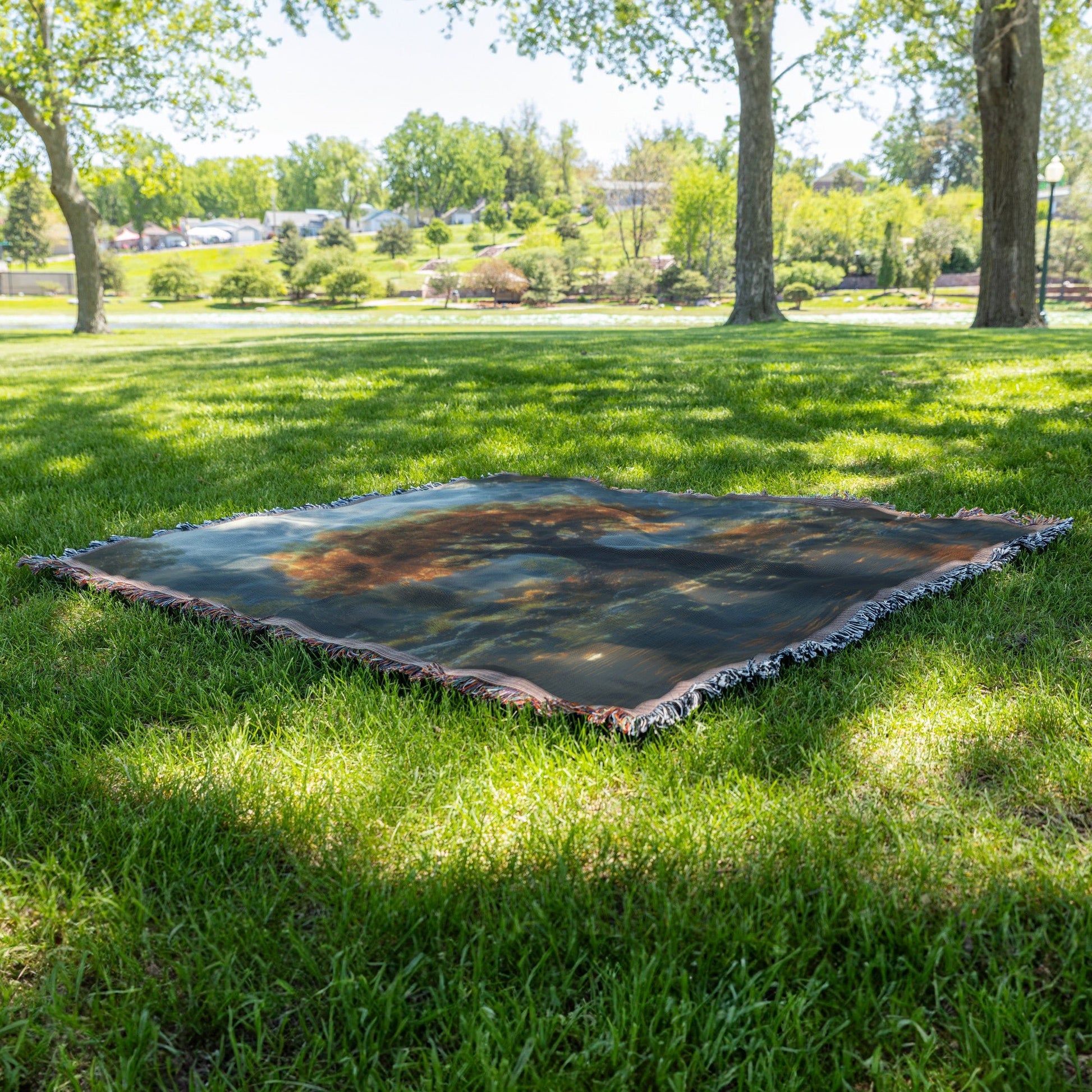 Golden Autumn Tree Of Life by the Reflecting Stream Woven Throw Blanket for Home Decor - Awakening Righteousness